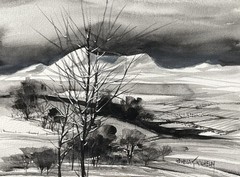 6”x8” Original Ink Loose Watercolor Pamela Wilhelm Winter Black White Landscape