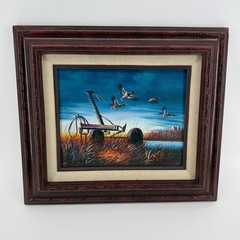 Signed Vintage Framed Duck Marsh Painting Wildlife Cabin Lodge Decor 15.5×13.5