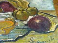 Original ROSE SUSLOVICH ART: GREEN & PURPLE FRUIT , 24×30″, Signed, on masonite