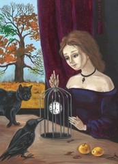 ACEO PRINT OF PAINTING RYTA RAVEN CROW HALLOWEEN BLACK CAT Folk Art Salem Witch