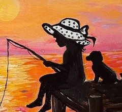 Original Folk Art Sunset Silhouette Girl Fishing Dog Acrylic 9×12” Canvas Panel
