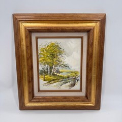 Original Signed Oil Painting Cottage Landscape Gilt Frame Yellow Tree 17×15