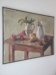 Vintage 1960’s Moody Still Life Oil Painting Apples & Pears on a Farmhouse Table