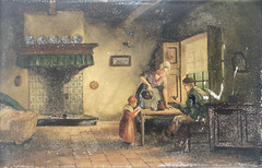 Antique Original Old Oil Painting Porcelain Tile -Family Hearth -Signed, 1868