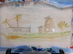 Water Color Painting Hand-painted Tropical Setting Fused Glass Frame 7.5 X 4.75