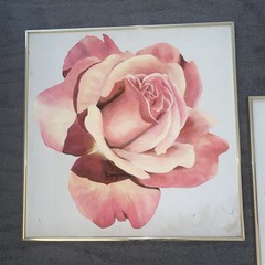 Vntg MCM Original Oil Painting Pink Red Rose Still Life 24” X 24” Set Of 2