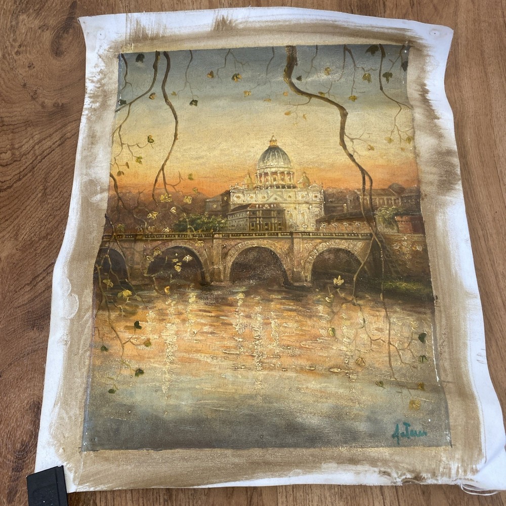 Oil On Canvas St. Peter’s Basilica & Vatican Signed No Frame 18 X 15 Canvas Roll