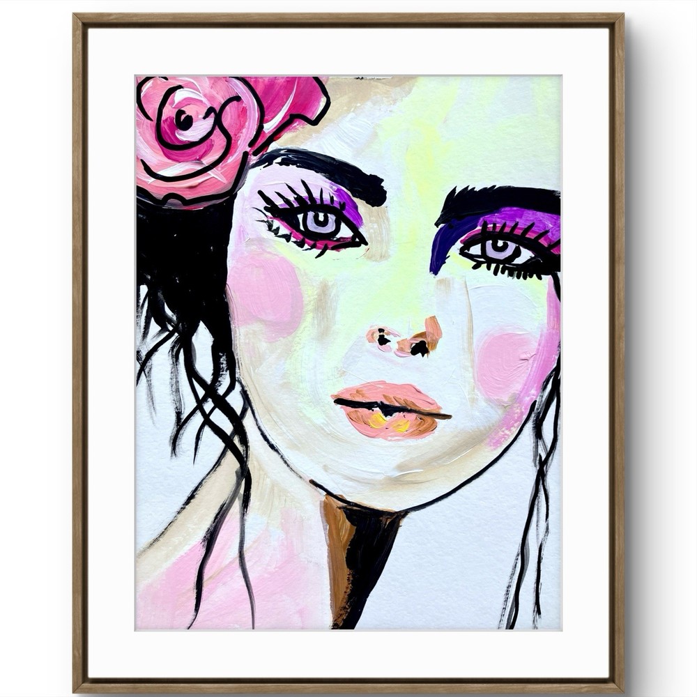 TITA PAINTZ Woman Pink Cheeks Expressionist Portrait Hand Painted Art