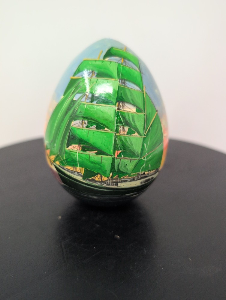 Hand Painted Seascape Ship Lighthouse Nautical Wooden Egg 3.5″h L Signed