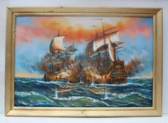 J.Harvey Large Oil painting on canvas, SHIPS BATTLE AT SEA, Signed, Framed