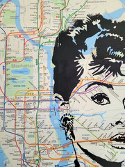 Rare Handpainted Audrey Hepburn Acrylic paint Art on a NYC Subway Map 23×32″