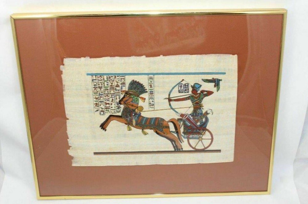 Ancient Egyptian Hieroglyphics Papyrus Paper Gouache Gilt Painting Framed ~18×16