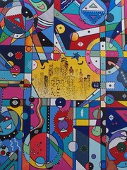 abstract pop art acrylic painting of Austin, Texas. Bats at night.