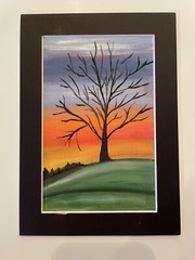 Original oil painting 5 X 7 inches Including Black Matting tree at sunset