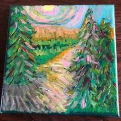 OREGON SUNRISE,8×8 Original OIL painting, canvas, RMA, mountain landscape .pinks