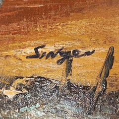 Listed Artist R. Singer MCM Florida Sunset, Palm Trees, Gold Framed Painting