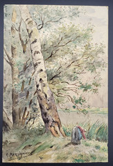 Antique E Raissiguier French Landscape Watercolor Painting Birch Peasant Woman