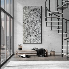 XXL Jackson Pollock Style Black & White Abstract Art Textured Painting 78×39 in