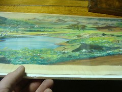 original painting 21 x 39 inches mountain cabin town FLEISCHMANN