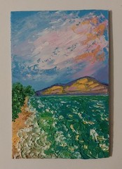 Framed Seascape Green Sea Seacoast Sunset Sky 4×6” Impasto Oil Painting Original