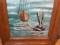 Vintage oil painting Ship Boat Ocean Seagulls