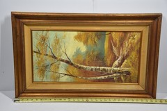 Vintage Fall Colors Aspen Tree Trail Vertical Art Painting Framed Signed MCM