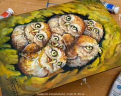 Original Cute Owlets Oil Painting, Small Birds Portrait Animals Impasto Wall Art