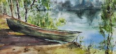Original Watercolor Painting Boat Seascape Sea Lake Landscape Nautical