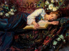Art Oil painting Beautiful young girl sleeping with roses flowers book on bed