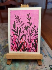 ACEO Watercolor Painting ATC OOAK hand painted Botanical Silhouette pinks