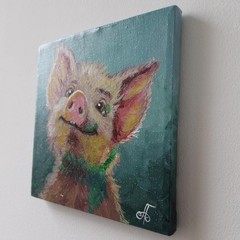 Original Acrylic Painting Cute Happy Pig Portrait Small Hand Painted Canvas Art