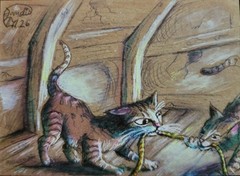 Jacob Landis WHIMSY HANDMADE ORIGINAL ACEO Sketch Kittens Cats „Tug Of War“