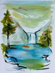BLUE MOUNTAINS AND WATERFALL 14×11 Expressionistic PAPER Painting Artwork #106