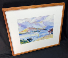 Hawaii Koa Framed Coastal Mixed Media Watercolor Painting by George Woollard