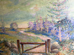 Oil Painting Signed Monogram Landscape Fir Fence Art Nouveau Around 1920 Forest