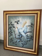 Vintage Guy Perlman Signed Oil Painting Cockatoos Tropical Birds Gold Frame