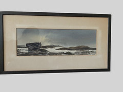 Vintage Dorise Olson MM coastal landscape watercolor Framed 19”x 10 1/2” signed