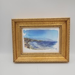 Gold Framed Watercolor Painting J H Caston MMV Beach Ocean 6×8″