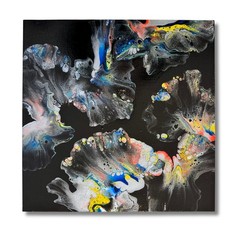 18″ x 18″ Acrylic Pour by Kris Williams – Black White Blue Yellow Silver Orange