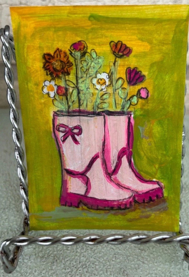 ACEO ATC OOAK Pink Boots and Flowers Mini Painting Acrylic 2.5”x3.5” Original