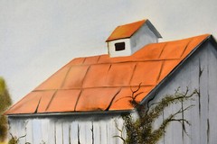 20″ Oil Painting Canvas Lea Mikel Old Country Rustic Art Red Roof Barn #21