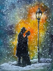 Couple in Love Painting Night Original Watercolor Art Love Small Wall Art
