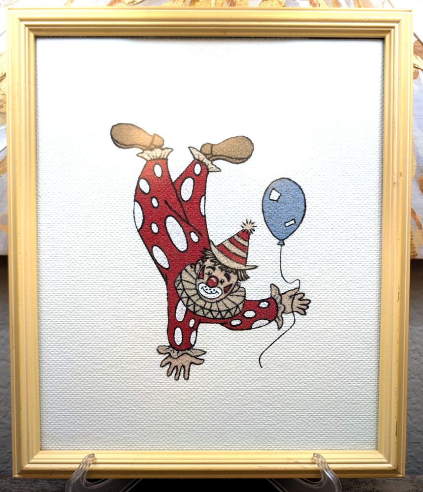 Vintage Clown Sand Art Framed Tapestry of Sand Helen Stanley Arkansas Folk Art