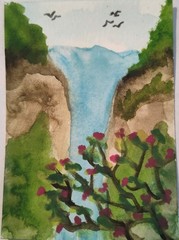 ACEO Original Watercolor Painting 2.5×3.5″ By Skye – Waterfall Of Peace
