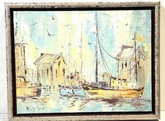 Vintage Harbor Scene Painting On Canvas Framed And Signed