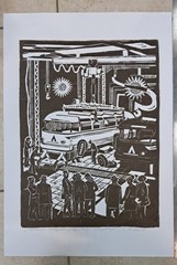 Ukrainian Print Zenoviy Ketsalo Original Signed Linocut Art Lviv Bus Factory LAZ