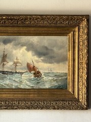 ANTIQUE 19TH CENTURY FRENCH IMPRESSIONIST OIL PAINTING OLD SEASCAPE SHIP BOAT