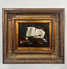 Still Life Violin & Sheet Music Oil on Canvas Signed Hessler, Framed 1900’s