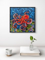 Original 12×12 Vibrant Octopus Acrylic Painting Signed Contemporary Canvas Art