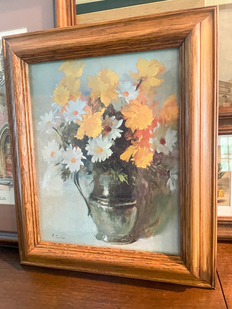 White And Yellow Flower Painting On Blue Background In Frame 12.5×10.5”
